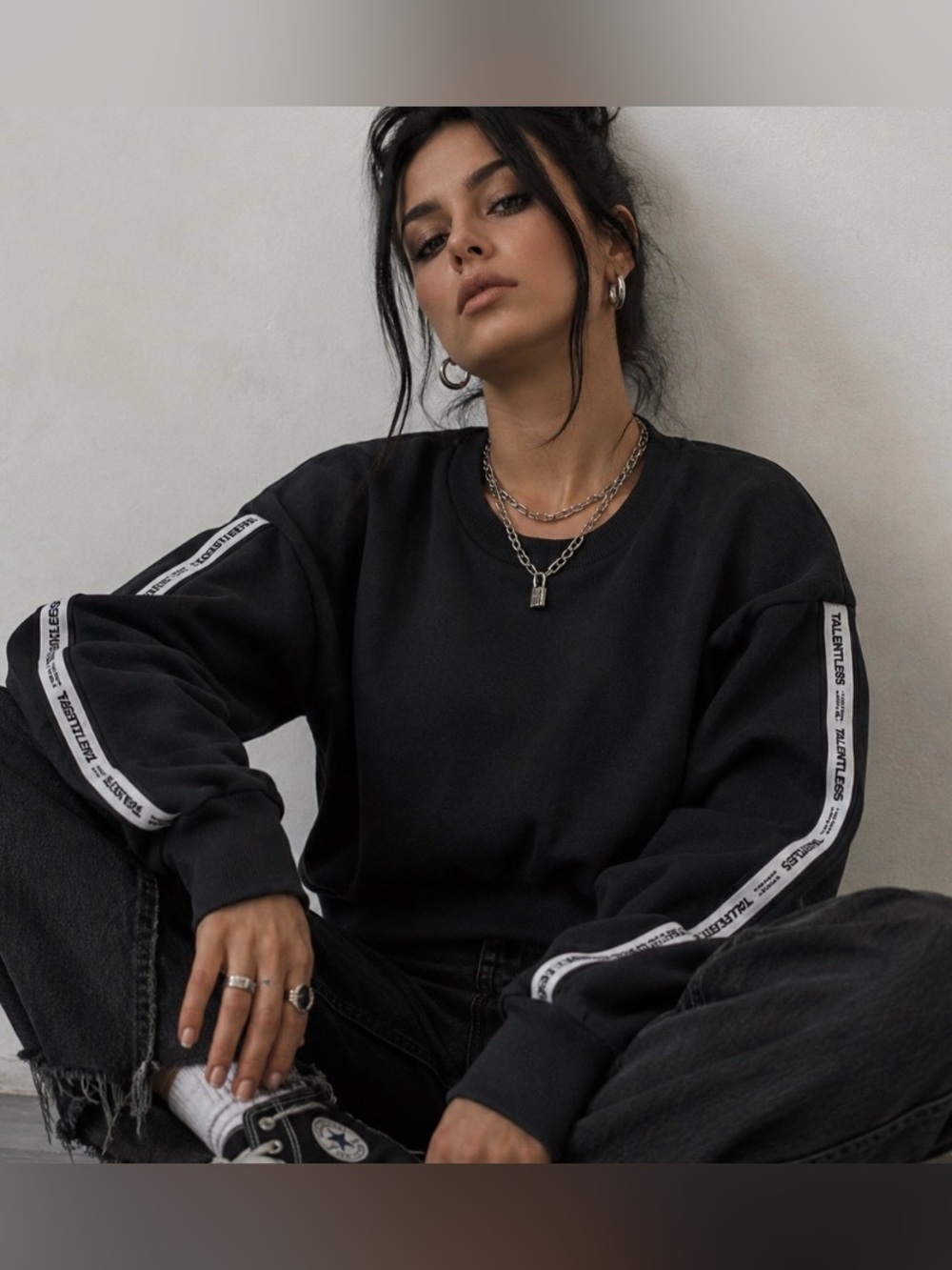 Talentless Black Crewneck Sweatshirt Logo Stripe Sleeves 100% cotton Size Small